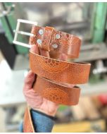 Quarter Tan Lotus Embossed Leather Belt